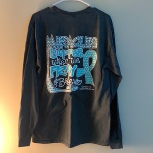 James 1:5-8 Grey long sleeve with Turquoise and white writing. ( Woggle) Large